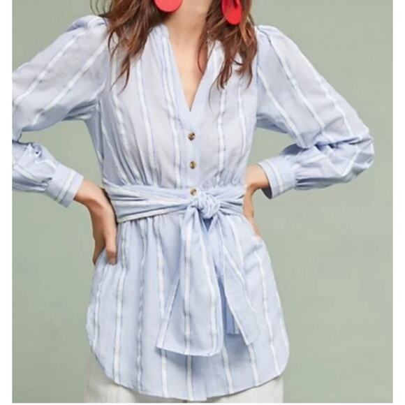 Anthropologie Building 18 Blue Striped South Seas Tunic Shirt with Tie Size 12 - Picture 1 of 9